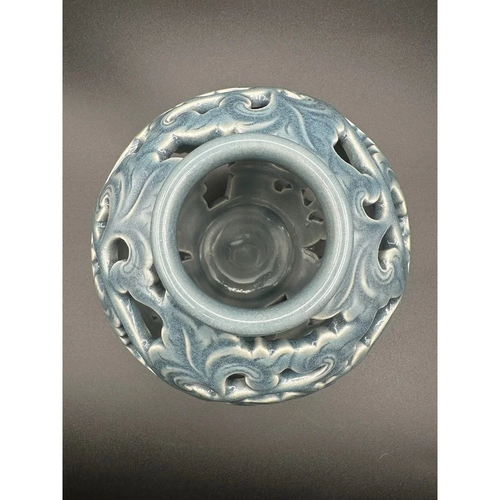 Baan Celadon Blue Ceramic Reticulated Vase Thailand Hand Carved 6x6 Vintage